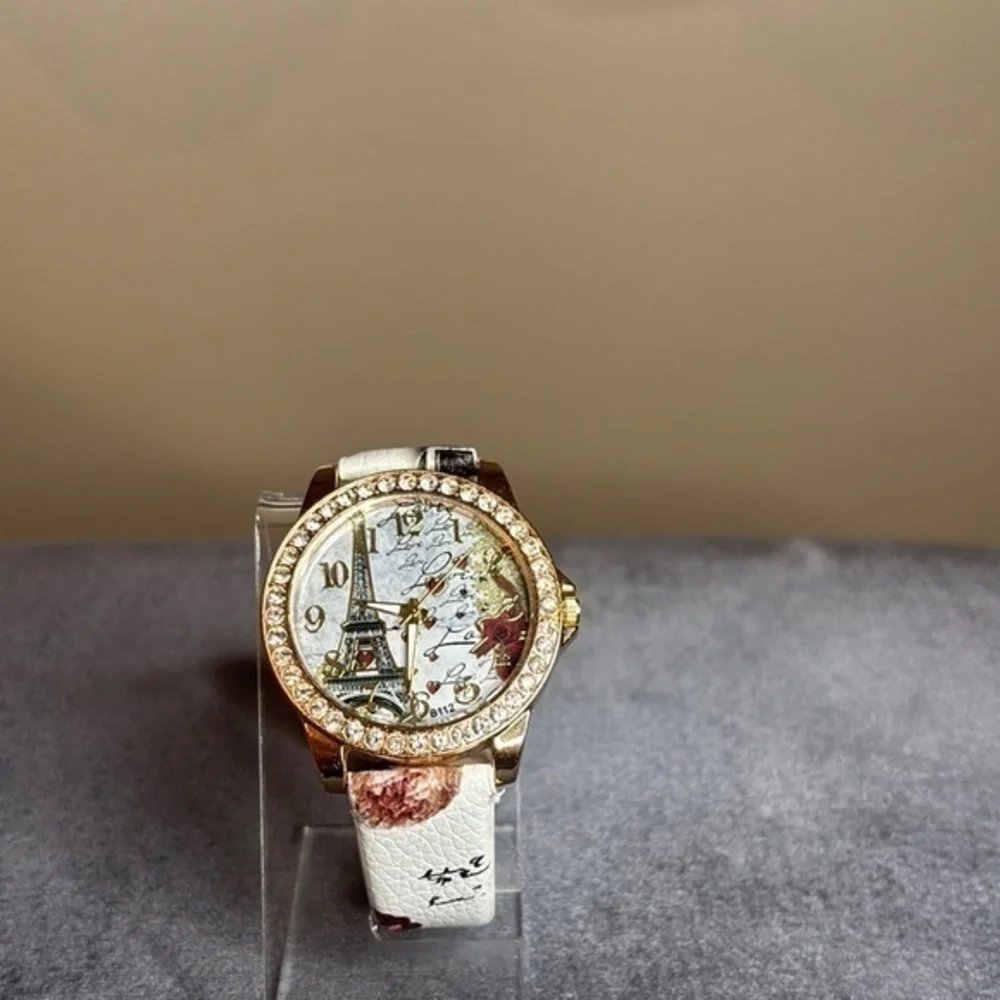 Paris Eiffel Tower Watch Gold Tone Crystal Romantic Rose Print French l Quartz